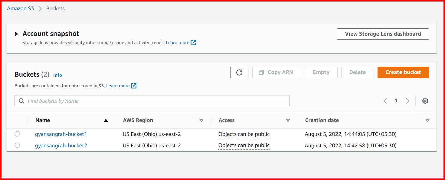 Picture showing 2 publicly accessible S3 buckets created in AWS